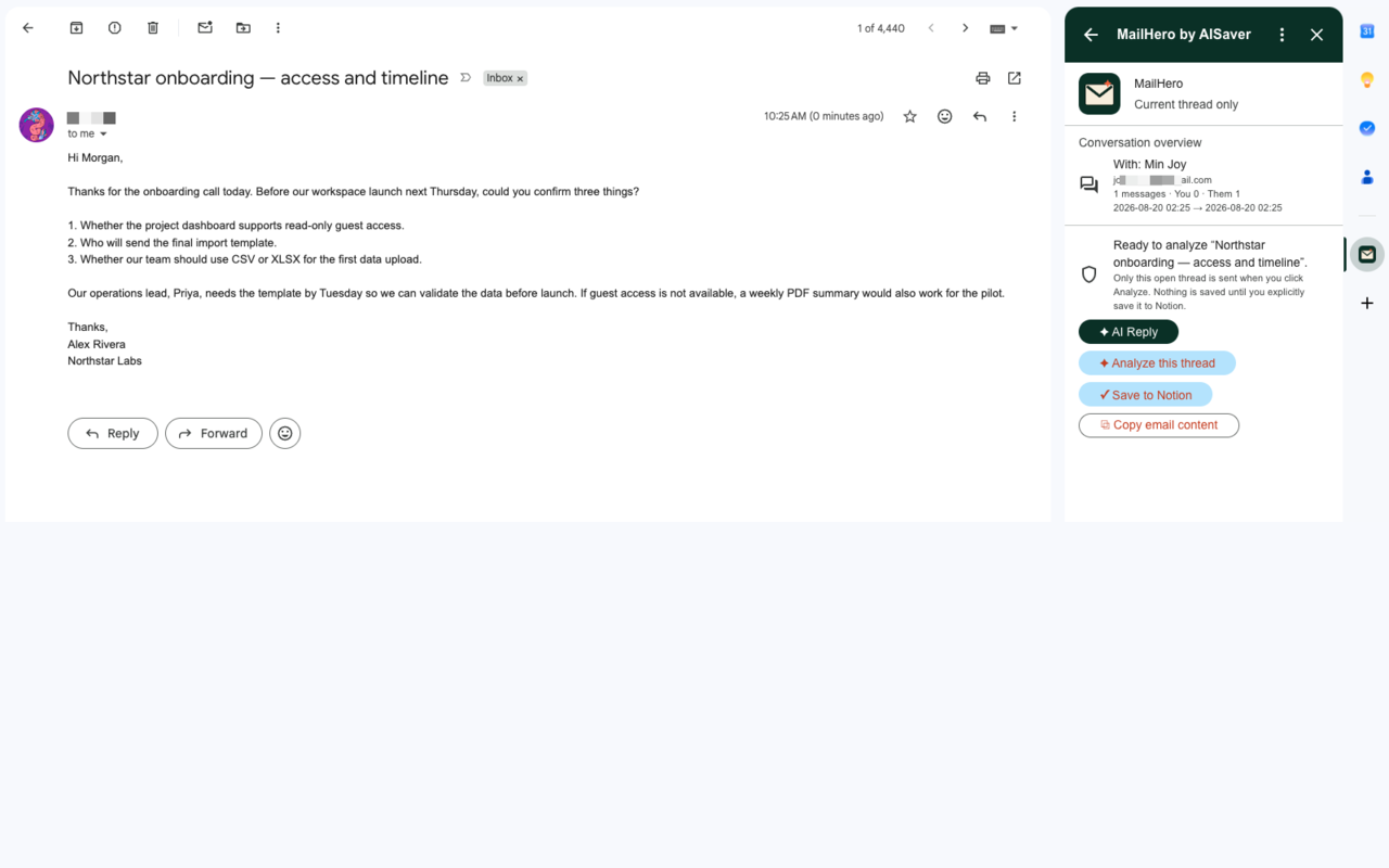 MailHero conversation overview beside an open Gmail message