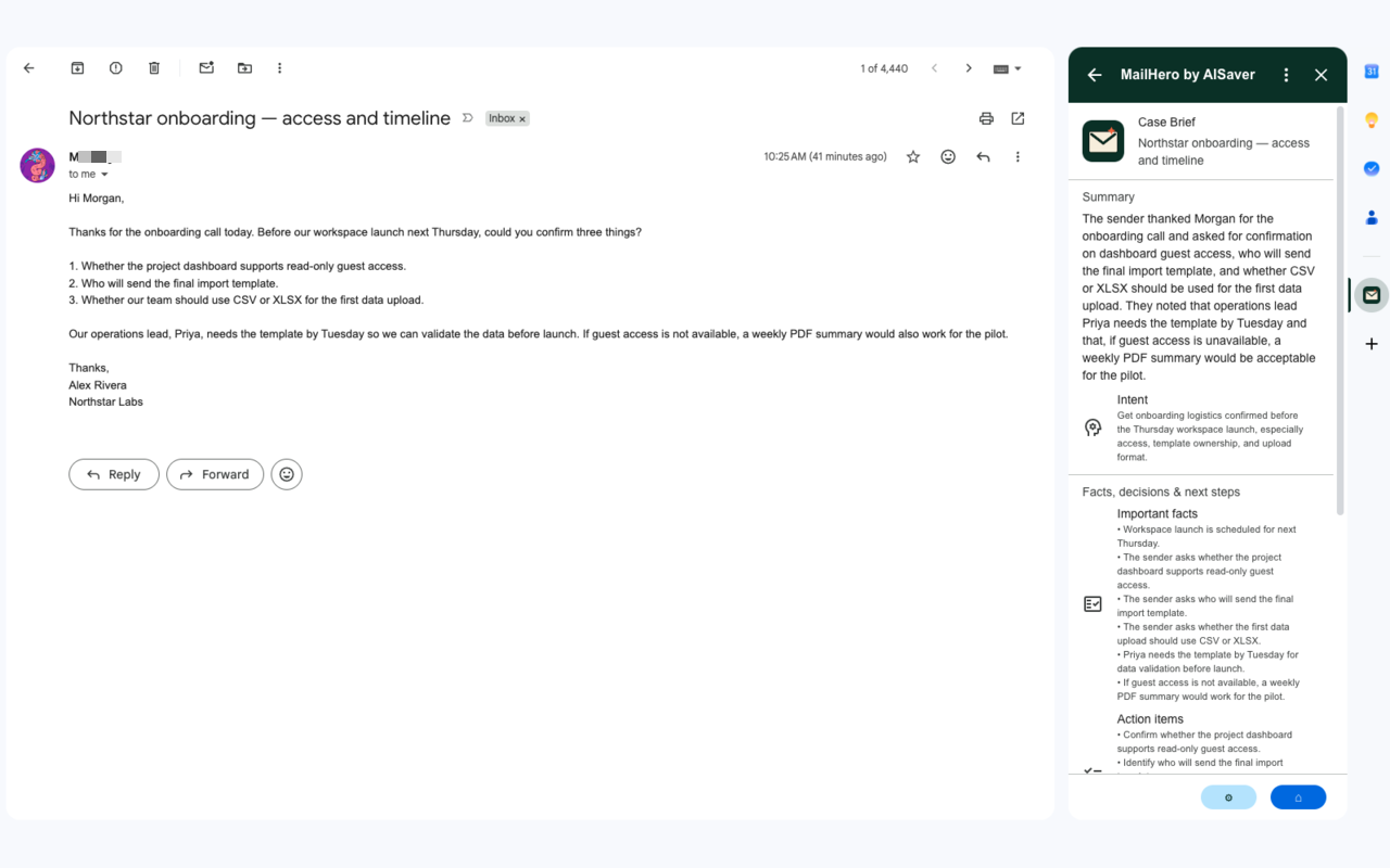 MailHero Case Brief showing summary, intent, facts, and action items