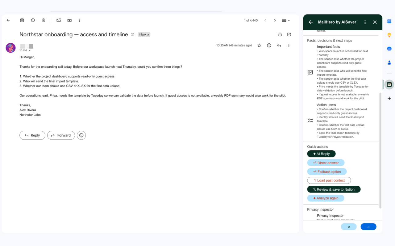 MailHero Case Brief quick actions including Notion save and context loading