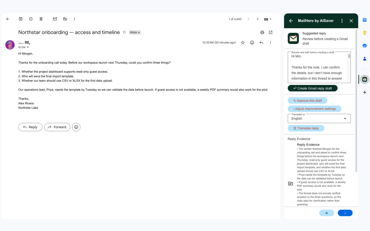 MailHero AI Reply workspace with editable draft, improvement and translation controls